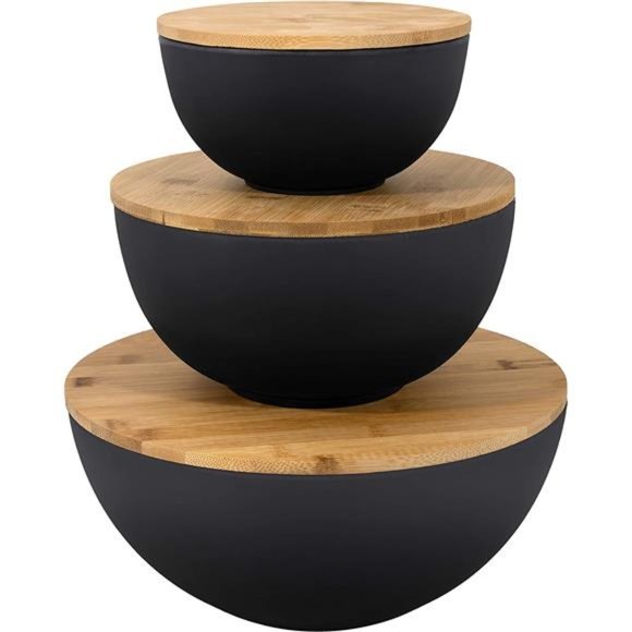 Other - Salad Bowl with Lid - Large Salad Bowl Set of 3 with Wooden Lids, Bamboo Fibre